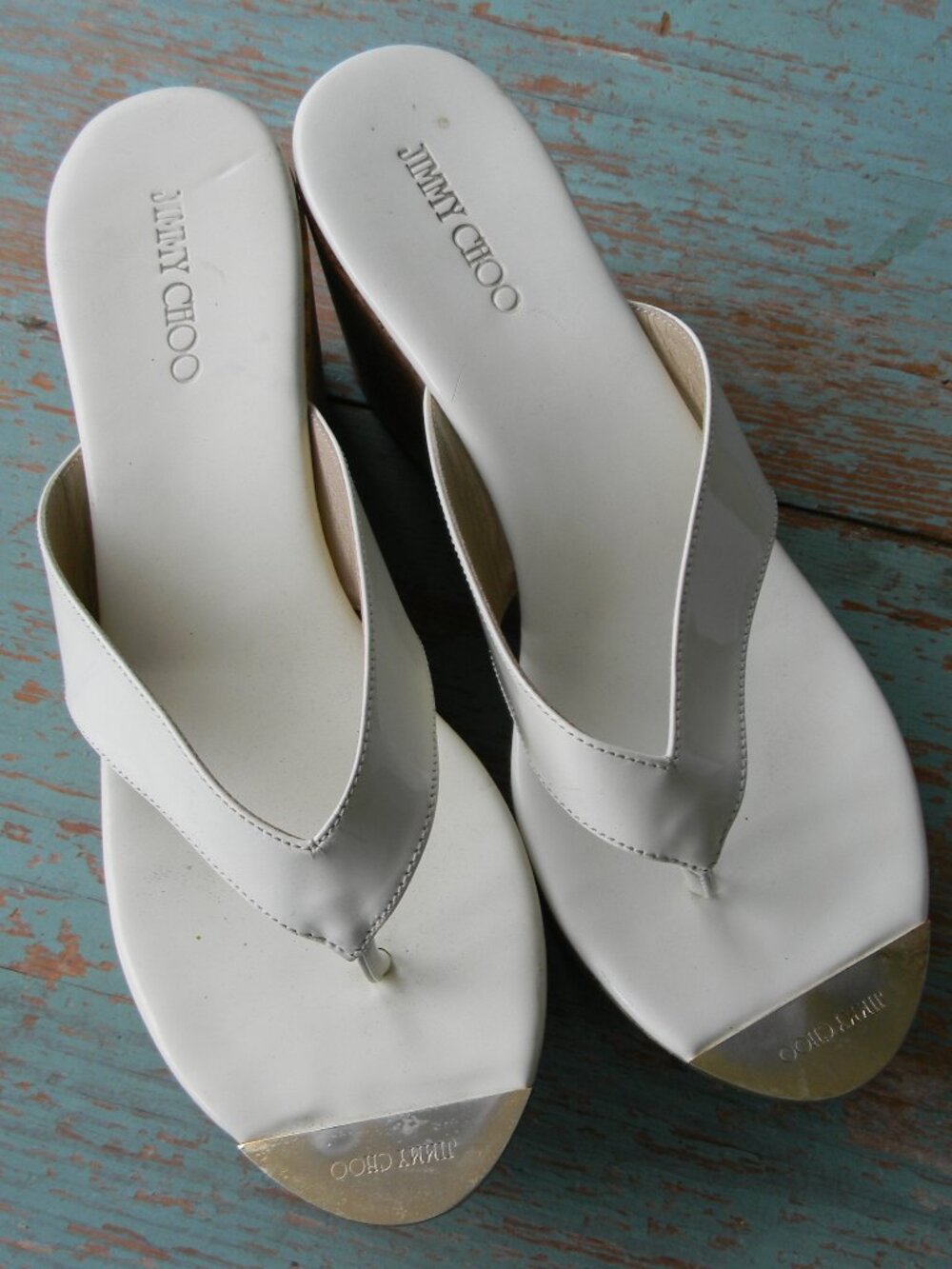 Jimmy Choo Pathos Wedge Sandals WHITE Leather Cork Platform Size 39